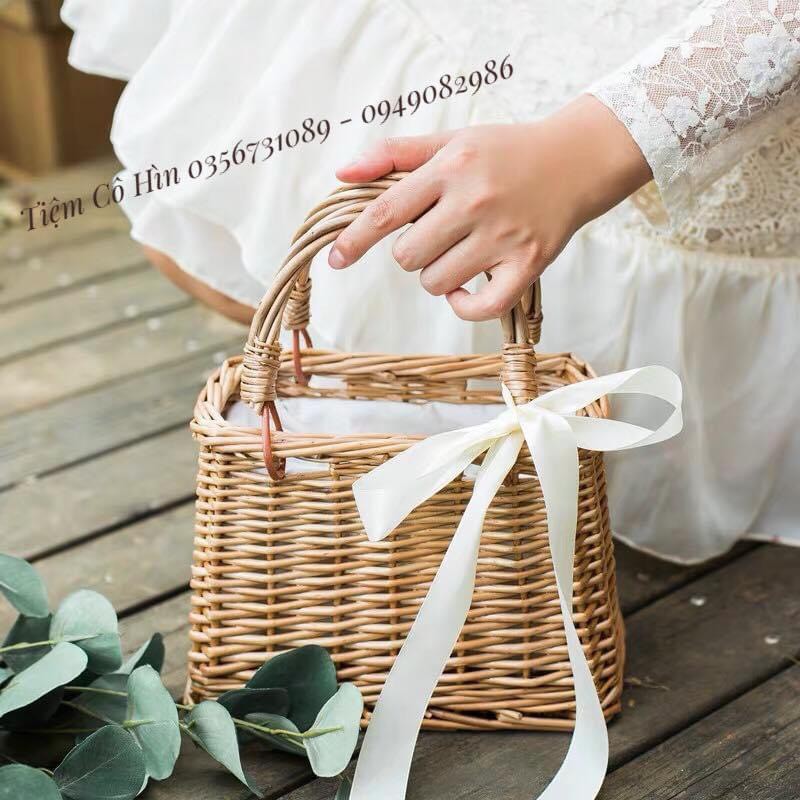 Túi cói vuông cầm tay nơ ren phong cách vintage