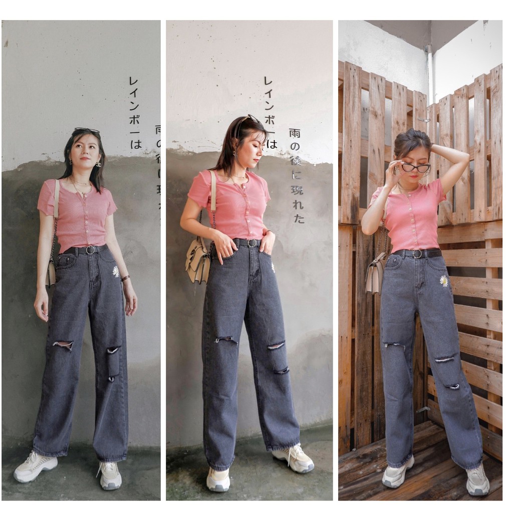 Quần Baggy suông rách thêu hoa cúc cao cấp Hà Kiều Msp 226 ( Ảnh độc quyền chủ Shop chụp )