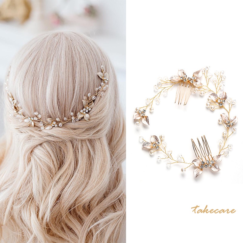 Flower Bride Wedding Hair Comb Leaf Crystal Hair Jewelry Headpieces Pearl Side Combs Bridal Decorative Hair Accessories