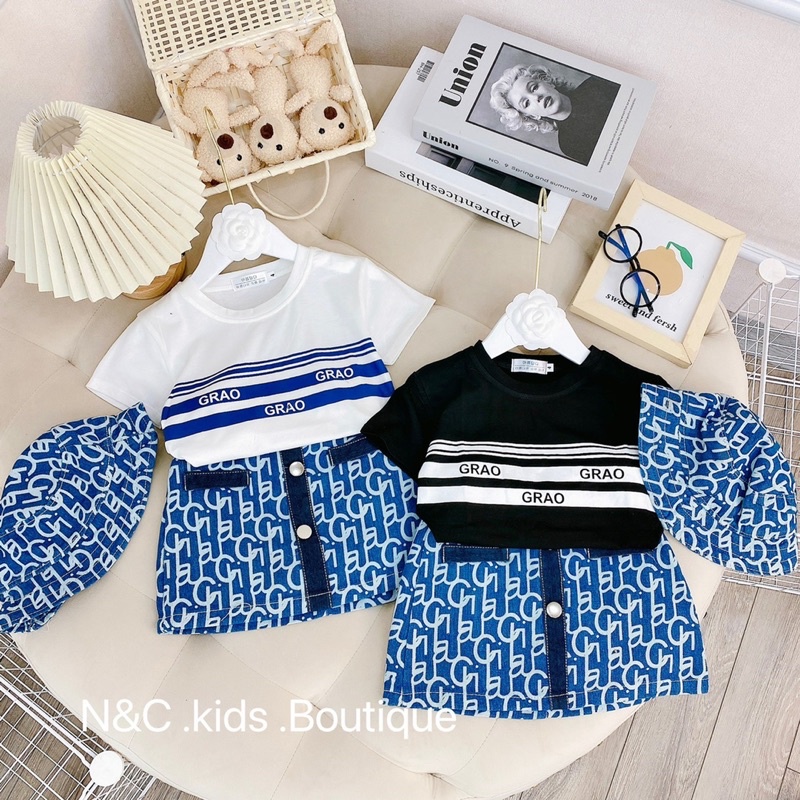 Ảnh thật - Set áo phông chân váy jean xanh kèm mũ Grao