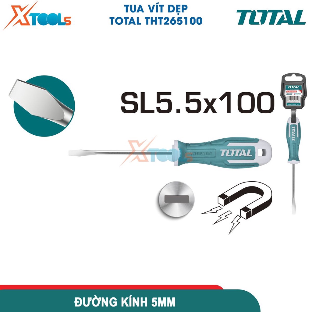 Tua vít dẹp TOTAL nhiều kích cỡ Tuốc nơ vít Thép Cr-V Đường kính 5.0mm hoặc 6.0mm Chiều dài 100mm [CHÍNH HÃNG][XTOOLS]