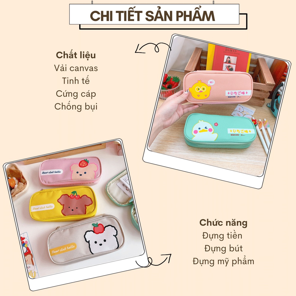 Hộp Bút Vải Nhiều Ngăn Hình Gà Gấu Đẹp Bóp Viết Canvas Nhiều Ngăn - Túi Đựng Đa Năng, Mỹ Phẩm DUHU HBV50