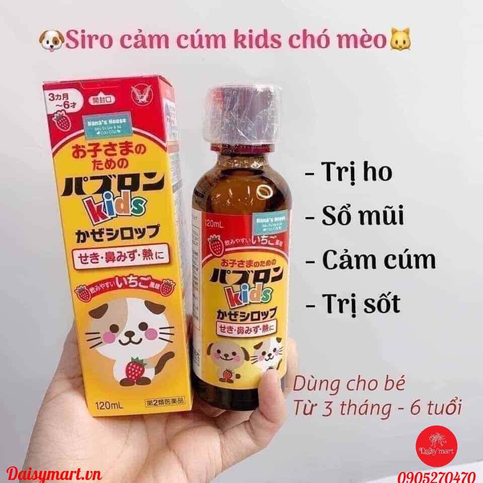 Siro ho cảm sốt Taisho PABURON Kids 120ml của nhật hình con mèo cho TỪ 3 THÁNG – 6 TUỔI