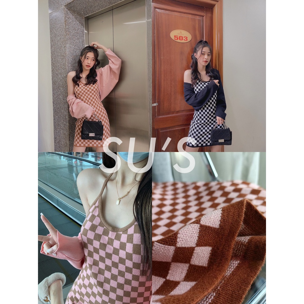 Set váy len kẻ caro kèm áo cardigan S221 SUSTORE