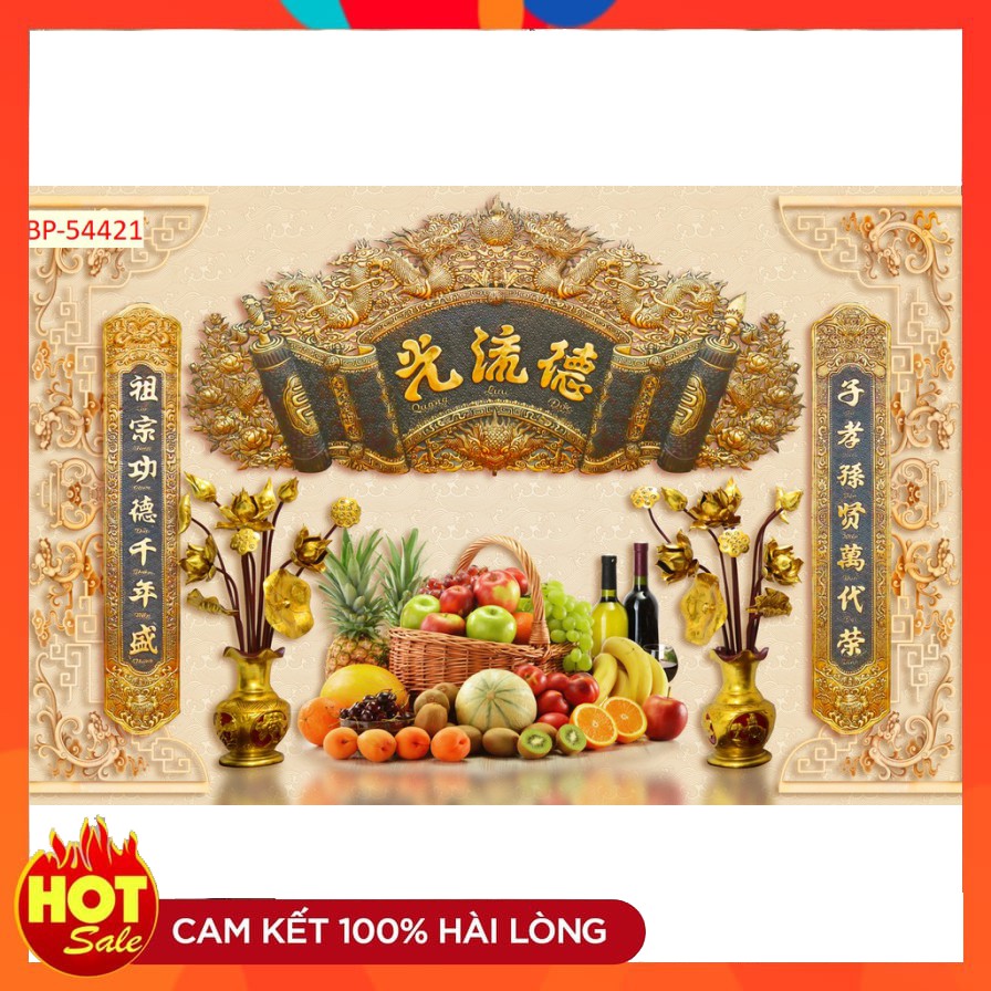 Trang trí tranh cho phòng thờ 3D mâm ngũ quả, chất liệu vải lụa kim tuyến cao cấp, chống ẩm mốc