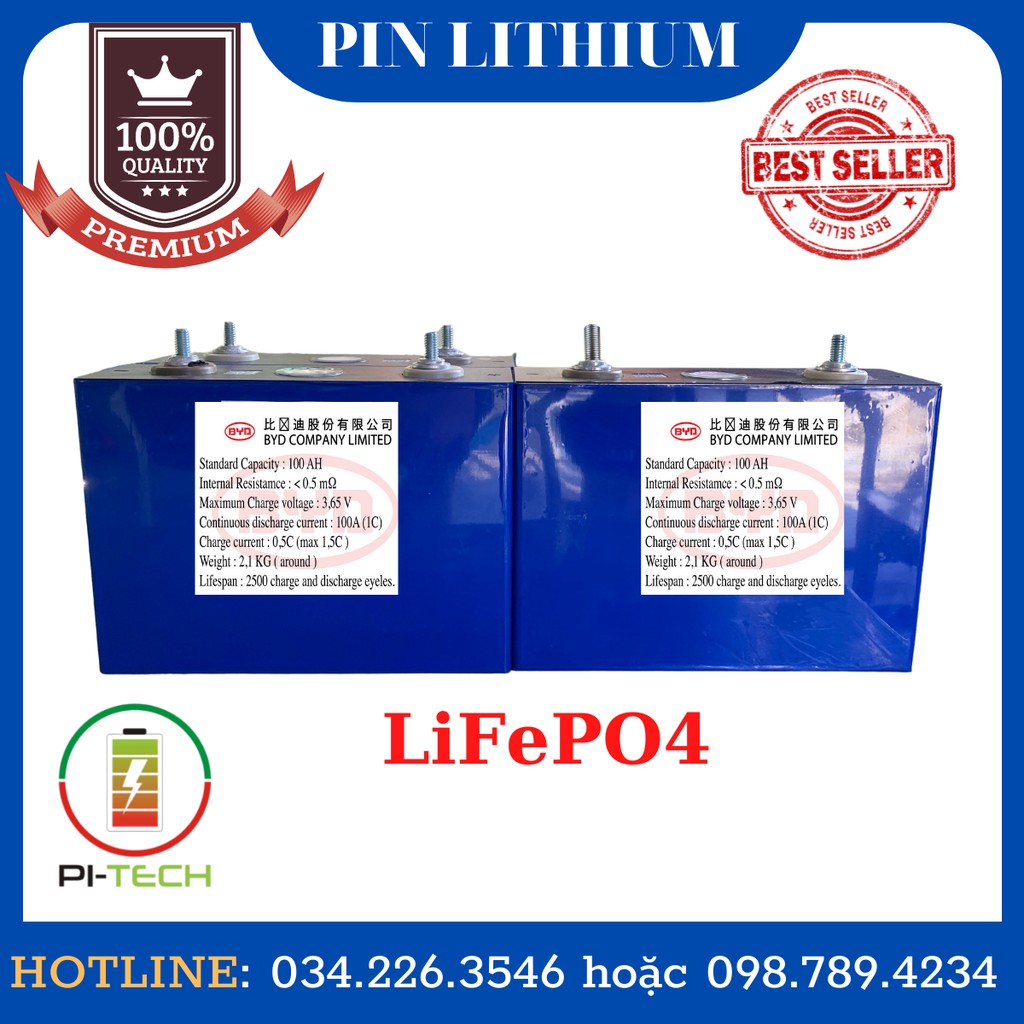 Pin Lithium 100Ah 3.2V hãng BYD đã hàn bulong mới 100%