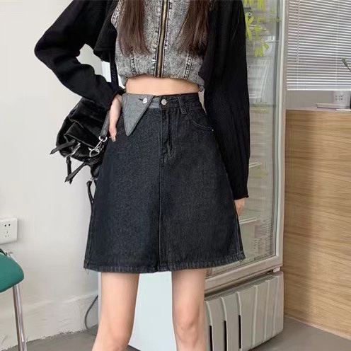 Chân váy chữ A cạp cao, chân váy jean kaki phong cách Hàn Quốc_v9