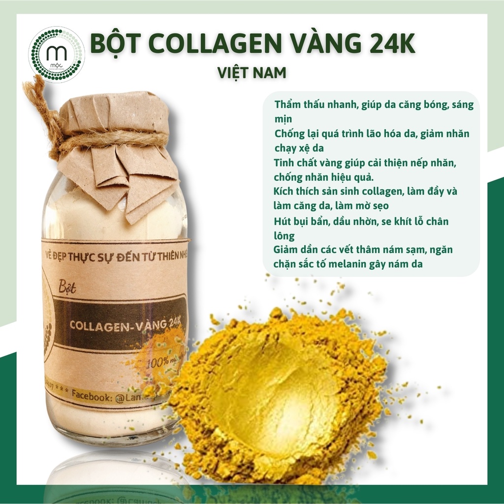 Bột Collagen Vàng 24K đắp mặt nạ MỘC - ngăn ngừa lão hóa, làm săn chắc da, dưỡng da trắng hồng chai 100/200ml handmade