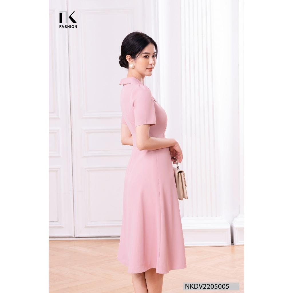 Đầm Thiết Kế Dáng Xòe Cổ Vest NK Fashion Tay Ngắn Phối Cúc Thanh Lịch, Chất Vải Nhập Hàn Dày Dặn Mềm Mát NKDV2205005
