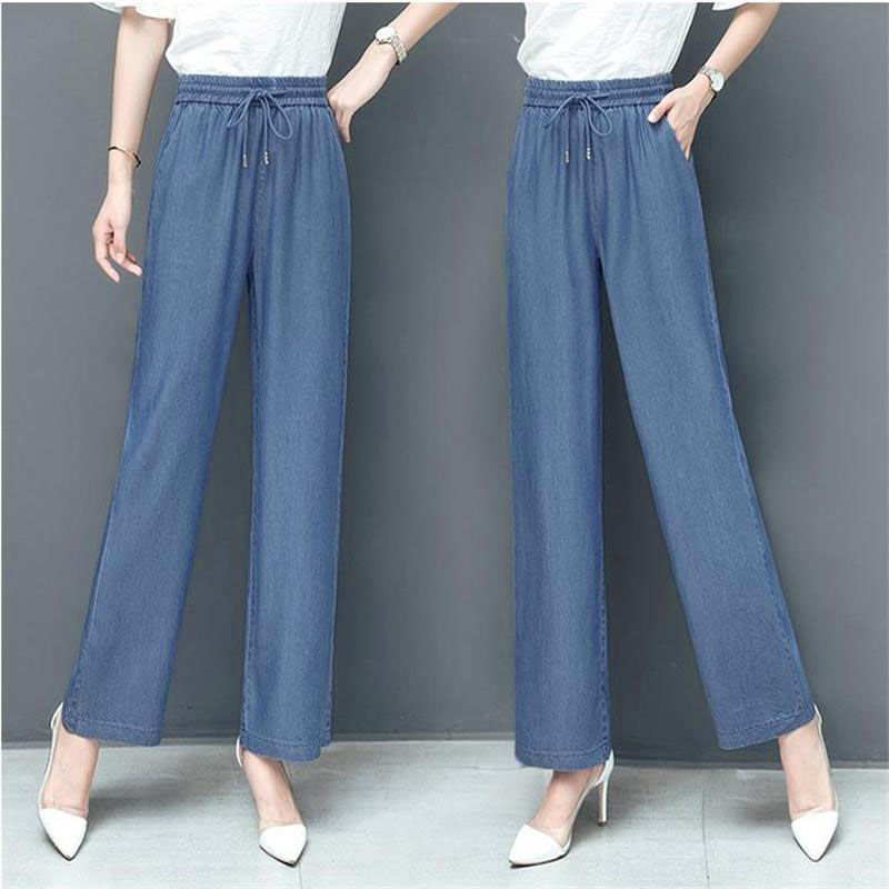 Spring and summer new straight legs imitation tencel jeans women's wide tube high waistband high size pleated trousers silk ribbon wide | BigBuy360 - bigbuy360.vn