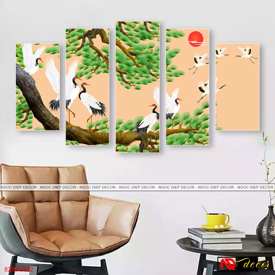 Bộ 5 tấm tranh dán tường phong thủy - Tranh dán tường phòng khách, kèm băng dính xốp