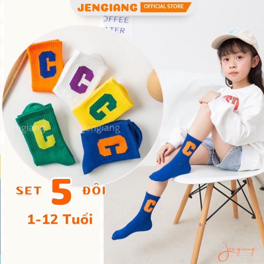 Set 5 đôi tất vớ trẻ em 1-12 tuổi cao cổ chữ C Jengiang cotton dày dặn thời trang Hàn Quốc co giãn giữ ấm khử mùi hút ẩm