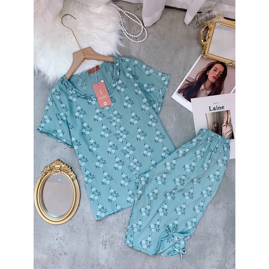 Bộ đồ mặc nhà chất đũi SAM, set đồ ngủ dáng ngố cho nữ họa tiết hoa nhí nữ tính trẻ trung cổ tròn phối viền bèo