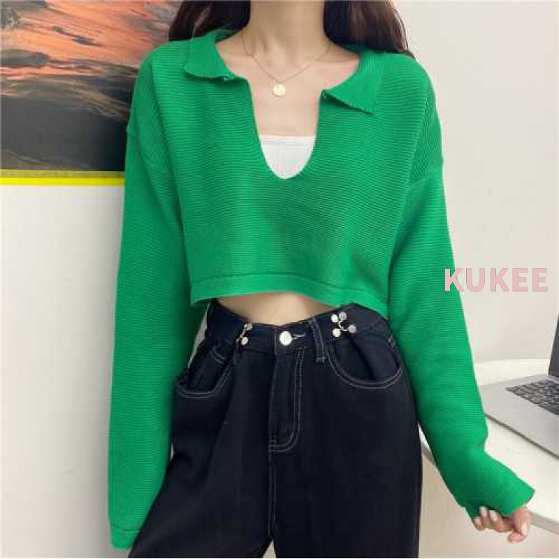 Áo croptop dệt kim tay dài cổ chữ V phong cách Hàn Quốc