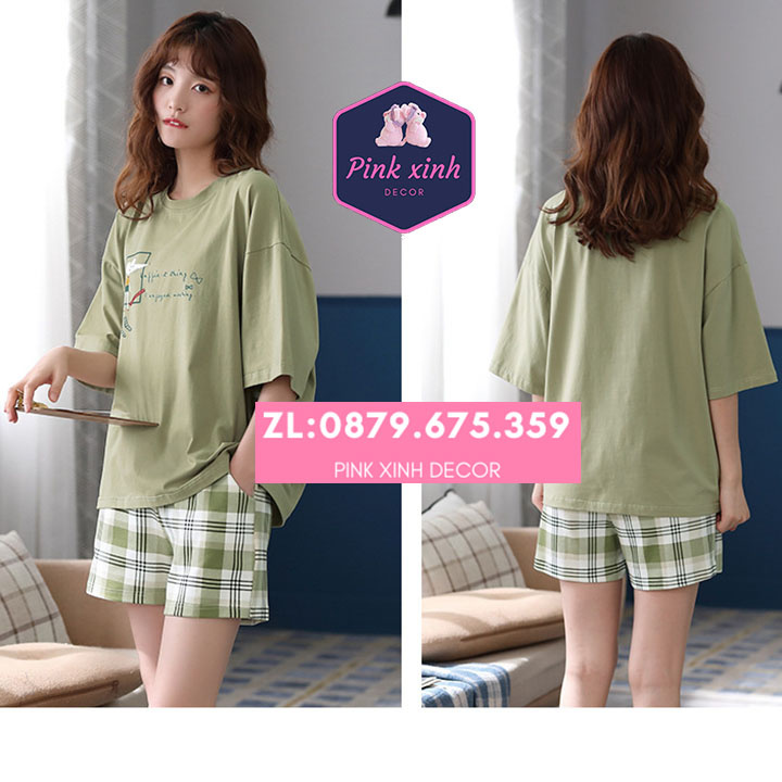 Đồ bộ thun nữ mặc nhà Donna's sọc caro xanh lá vải thun mịn mát quần áo thời trang nữ