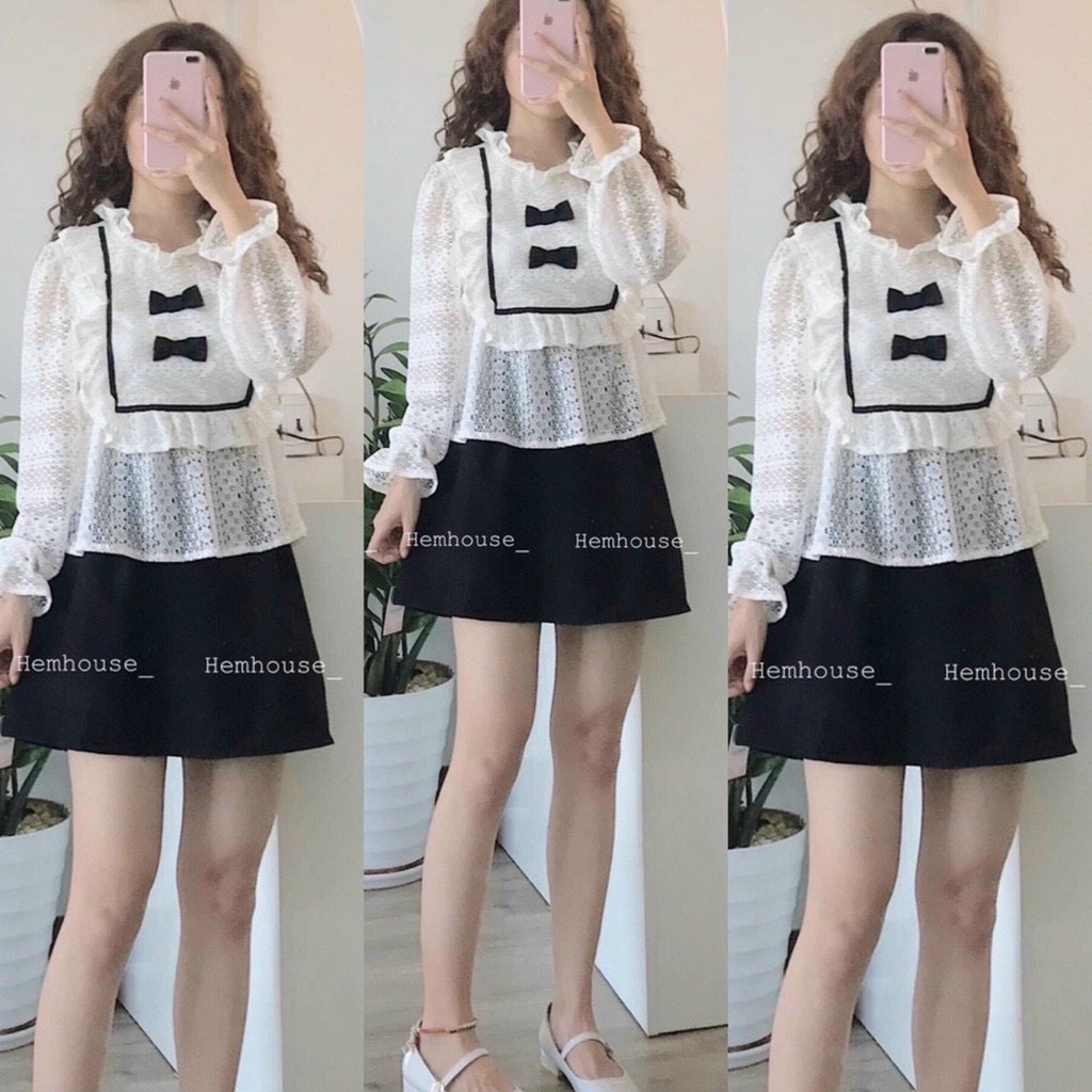 SET ÁO PELUM VIỀN REN ĐÍNH NƠ + CHÂN VÁY ĐEN ✨ Cả set xinh ơi là xinh luôn, mặc đi chơi, dạo phố hay du lịch cực thoải m