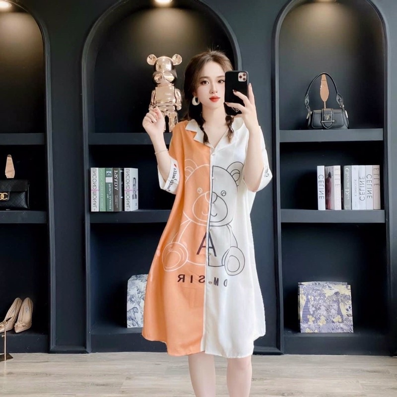 Váy ngủ lụa sơ mi tay lỡ gấu cam/ xanh hàng xịn QC II016.