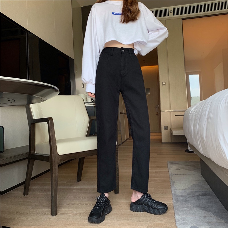 Quần dài jean CERA-Y bigsize baggy dài 95cm cạp cao qua rốn chất vải cotton màu đen trơn / màu đen rách 1 gối QJ001