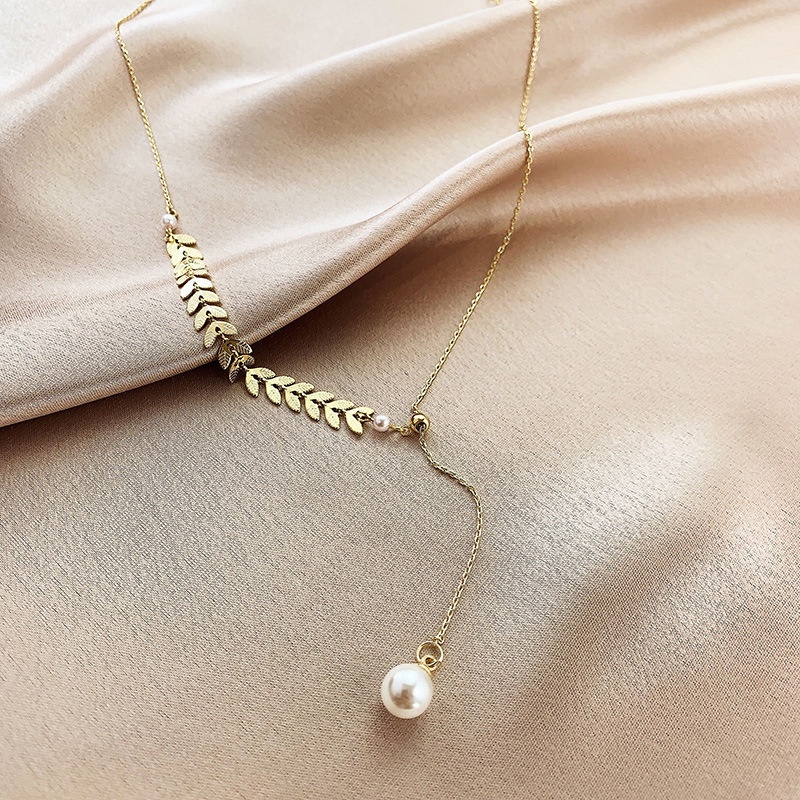 Korean Temperament Simple Wheat Ear Pearl Tassel Necklace Personality Cold Wind Adjustable Net Red Clavicle Chain Pendant