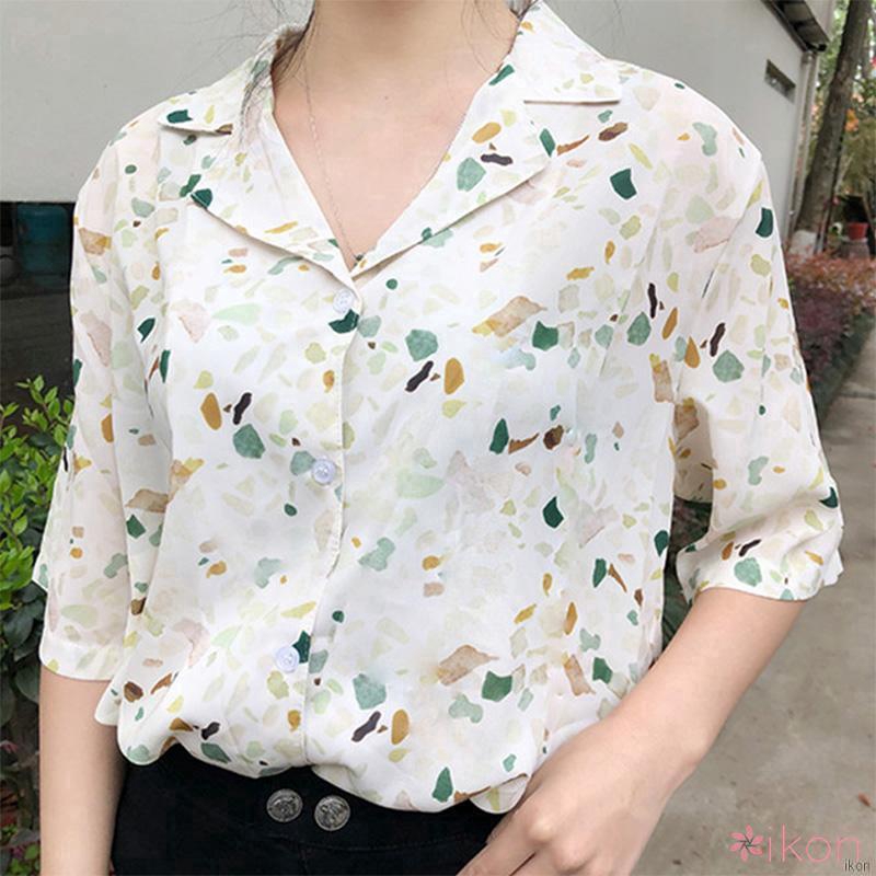 sơmi nữ Áo sơ mi Áo chiffon nữ tay ngắn in hoa phong cách retro