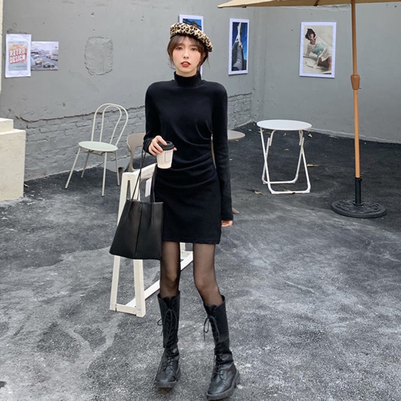 Đầm dệt kim Perty cổ cao dáng ôm thời trang mùa thu phong cách Hàn Quốc cho nữ