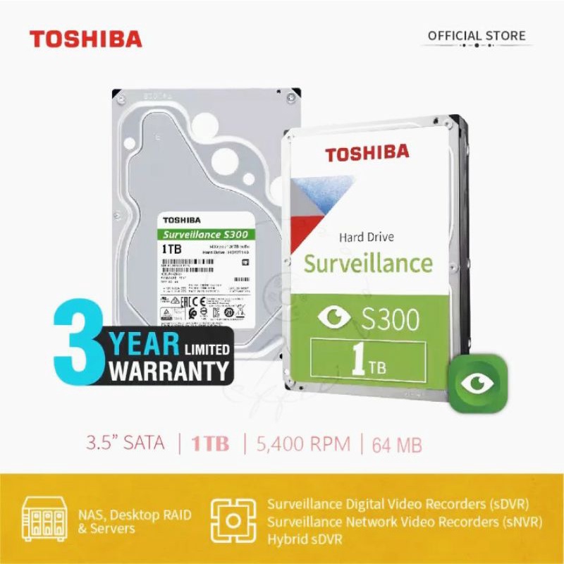 Ổ cứng HDD Toshiba 1TB Surveilance S300 (HDWU110UZSVA) Chính Hãng chuyên cho camera và lưu trữ bảo hành 36 tháng | BigBuy360 - bigbuy360.vn