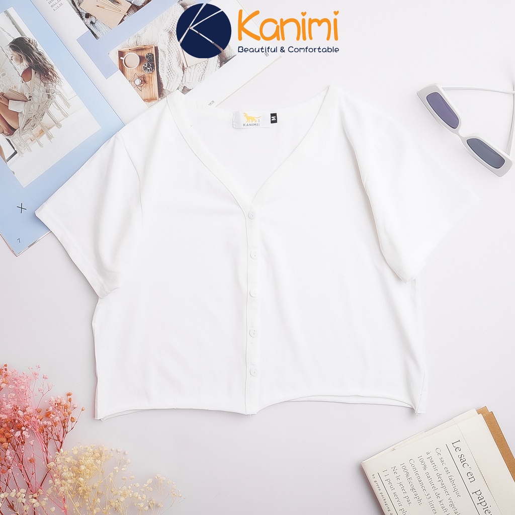 Áo croptop cổ tim cài cúc tay ngắn form rộng chất 4 chiều 100% cotton cực đẹp Kanimi - AN07