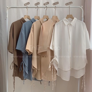 Áo sơ mi cộc tay form rộng phối dây rút sườn - shop thơm phạm