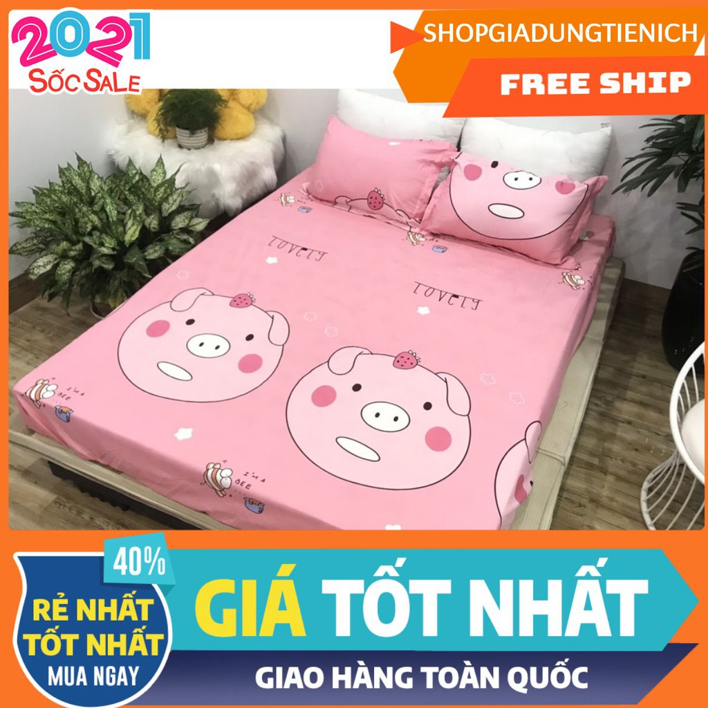 Ga trải giường cotton poly đã bo chun mẫu heo hồng mới