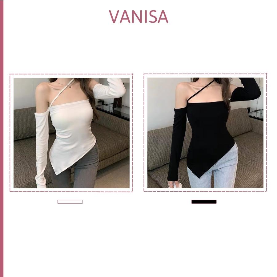 Áo bẹt trễ vai croptop tay dài nữ kiểu lệch tà phối dây chéo trắng đen xinh hàn quốc VANISA CT049