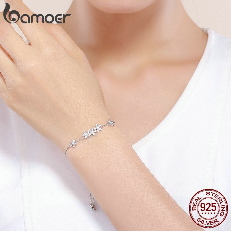 Lắc tay Bamoer bằng bạc thật 925 kiểu hoa cúc đính đá zircon xinh xắn cho nữ SCB084