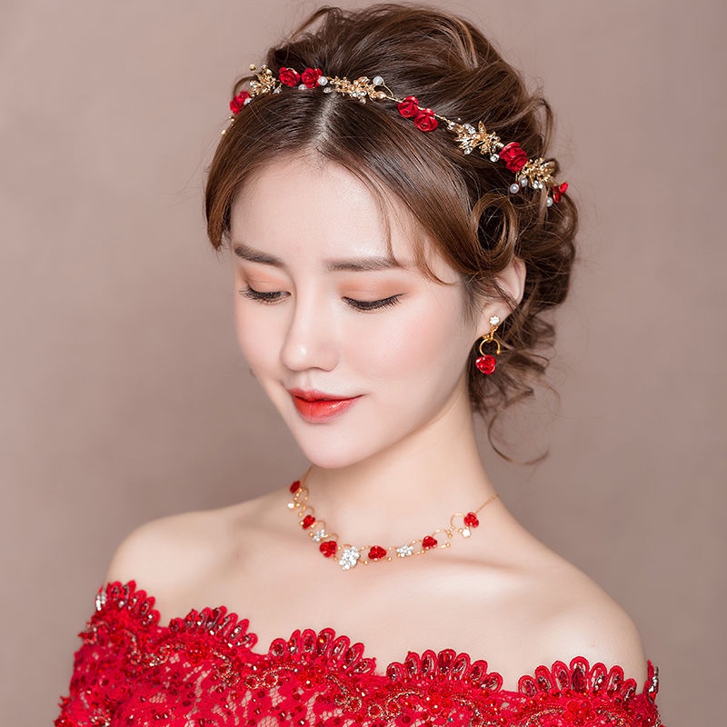 Phụ kiện cài tóc cô dâu màu đỏ phong cách Hàn Quốc đơn giản