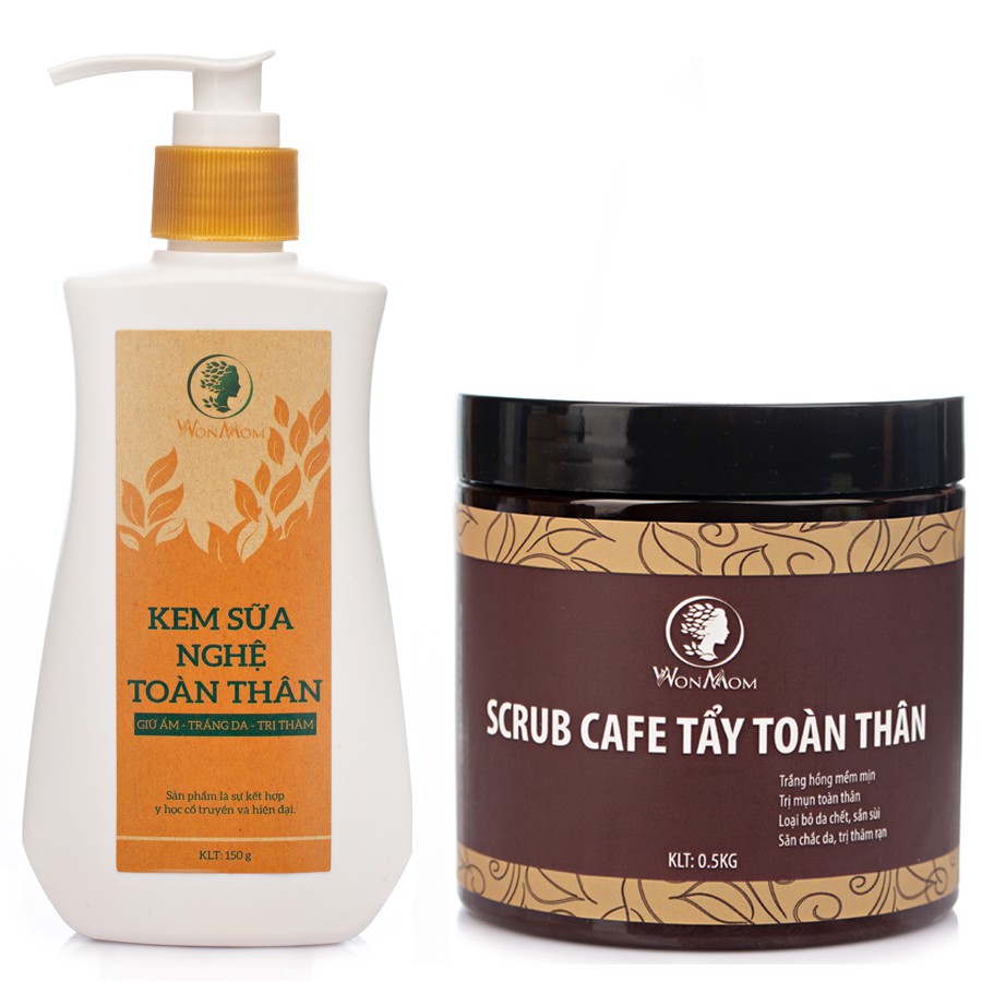 [Giảm 35K - Đơn 339K] Bộ dưỡng trắng hồng da toàn thân Wonmom (1 kem sữa nghệ + 1 scrub cafe tẩy tế bào chết toàn thân)