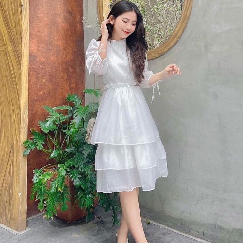 [Ảnh thật] Váy trắng voan tầng tay bồng thắt nơ siêu xinh - Đầm trắng kỉ yếu dáng xòe thắt nơ