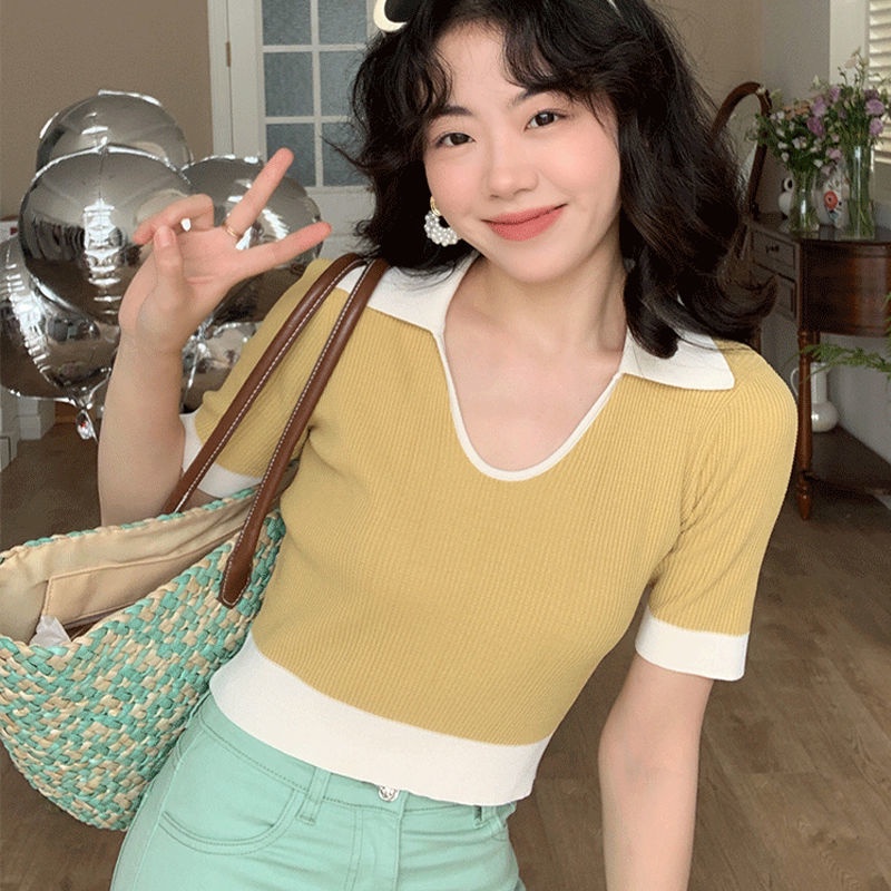Áo Thun Ngắn Tay Cổ Chữ V Màu Sắc Tương Phản Phong Cách retro Thời Trang Cho Nữ