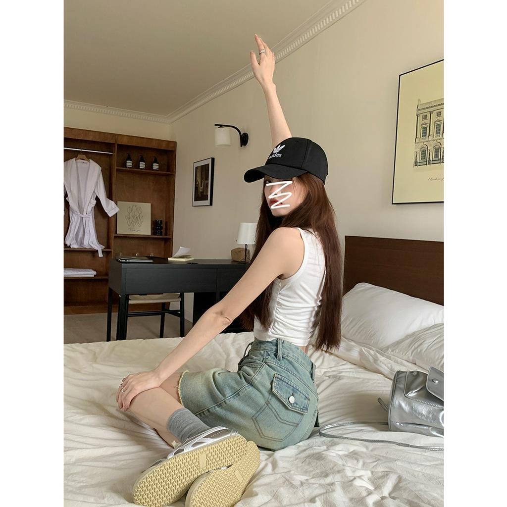 「MOTEL7」Chân Váy Denim Ngắn Dáng Chữ a Lưng Cao Phong Cách Retro