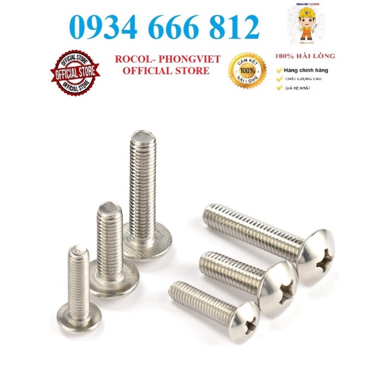 Set 10 cái M6 vít pake đầu dù thân bulong inox 201 M6, M6x10,M6x12,M6x16, M6x20,M6x25, M6x30,M6x35, M6x40
