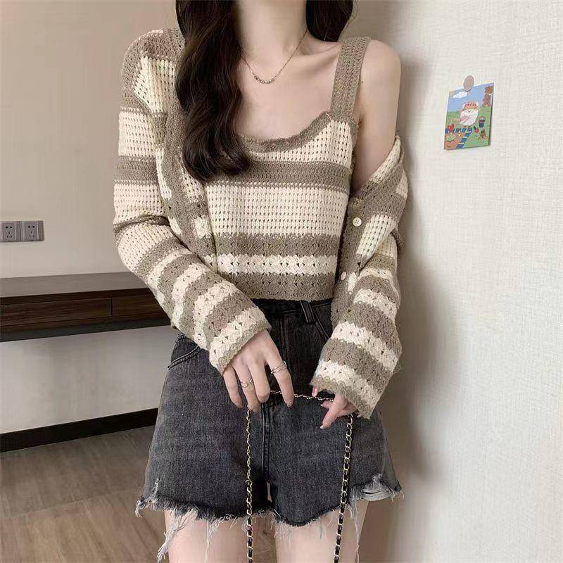 Áo Cardigan Dệt Kim Kẻ Sọc Rộng Bộ Hai Mảnh Có Dây Đeo Áo Ngắn Cho Nữ