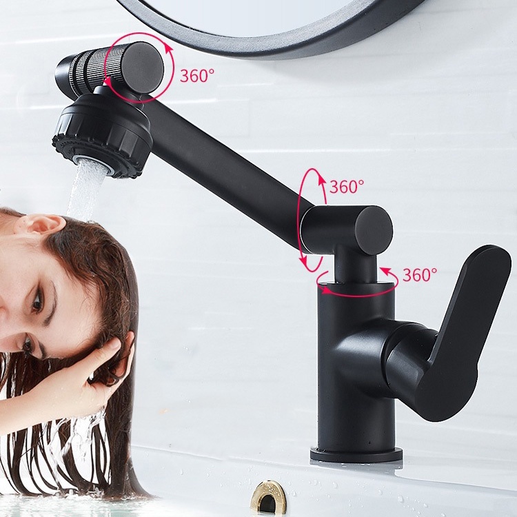 [Mẫu Mới 2022] Vòi lavabo nóng lạnh Inox 304 xoay 720 độ đa chiều với 8 hướng xoay tiện dụng Sơn Tĩnh Điện Đen cao cấp