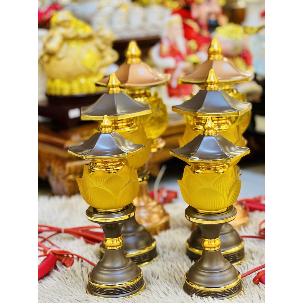 Cặp đèn thờ hoa sen lưu ly để ban thần tài, ban gia tiên cắm điện led siêu sáng kích thước 25cm, 30cm, 35cm