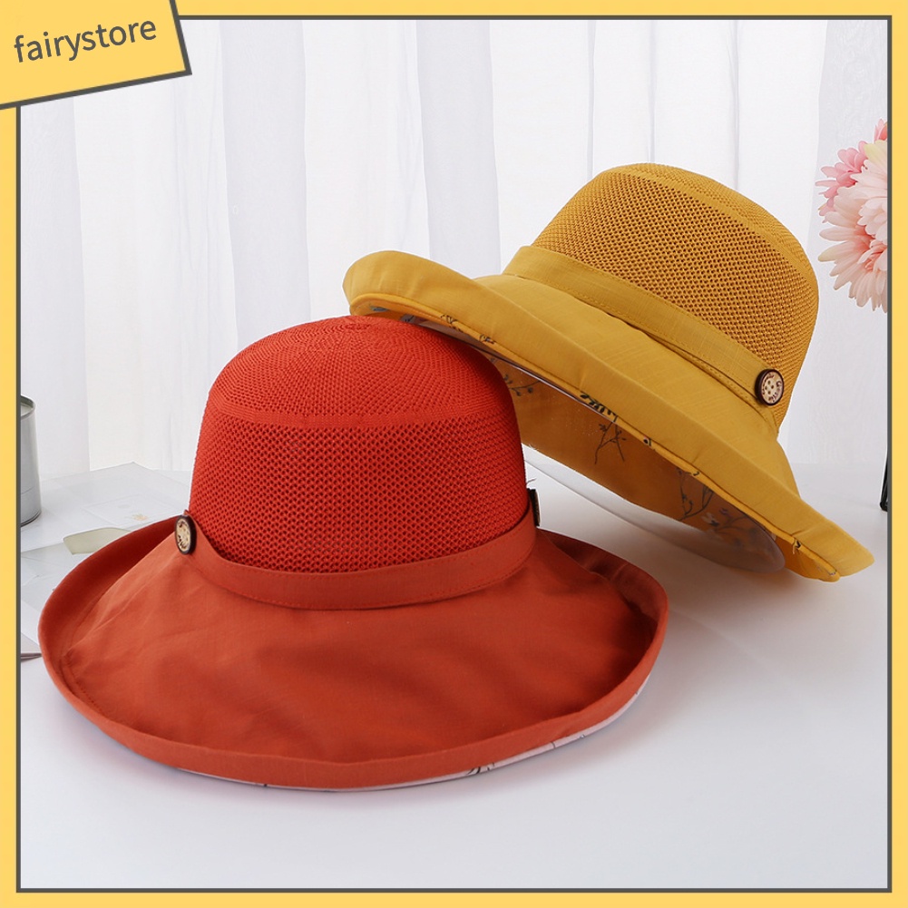 Mũ Bucket Thể Thao Vành Rộng Chống Nắng Đính Nút Họa Tiết Hoa Trang Trí Nội Thất Cho Nữ