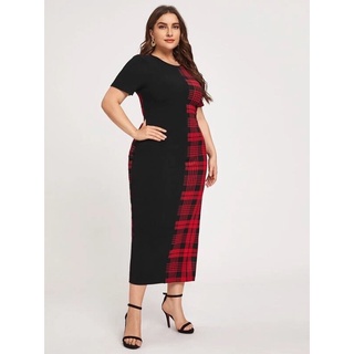 đầm maxi thun body big size phối màu nửa caro nửa đen đỏ xẻ tà size 75-105kg