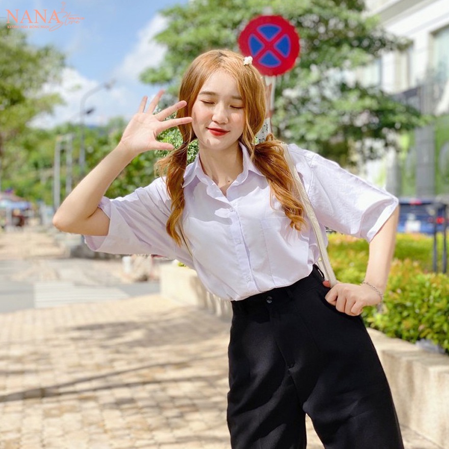 Áo sơ mi nữ trắng xanh đi học tay ngắn form rộng có túi ngực cổ bẻ V kiểu áo sơ mi trắng nữ cộc tay học sinh đi học đẹp