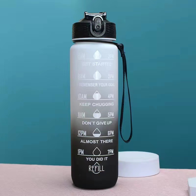 Bình Nước 1L Dễ Thương Có Vạch Báo Giờ Uống Nước, Bình Đựng Nước 2 Lít Có Ống Hút Phối Màu 3D