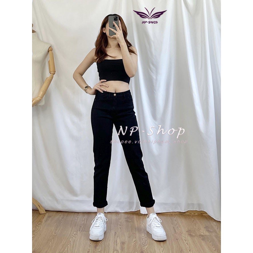 Quần baggy jean nữ lưng cao ngang rốn chất co giãn màu đen, be NP shop/quần bò boyfriend nữ