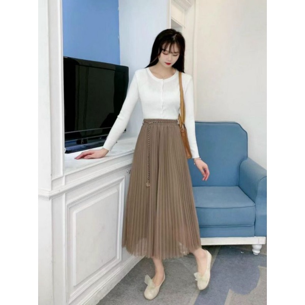 Chân váy von xoè dáng dài midi kèm đai dây xích hàng quảng châu