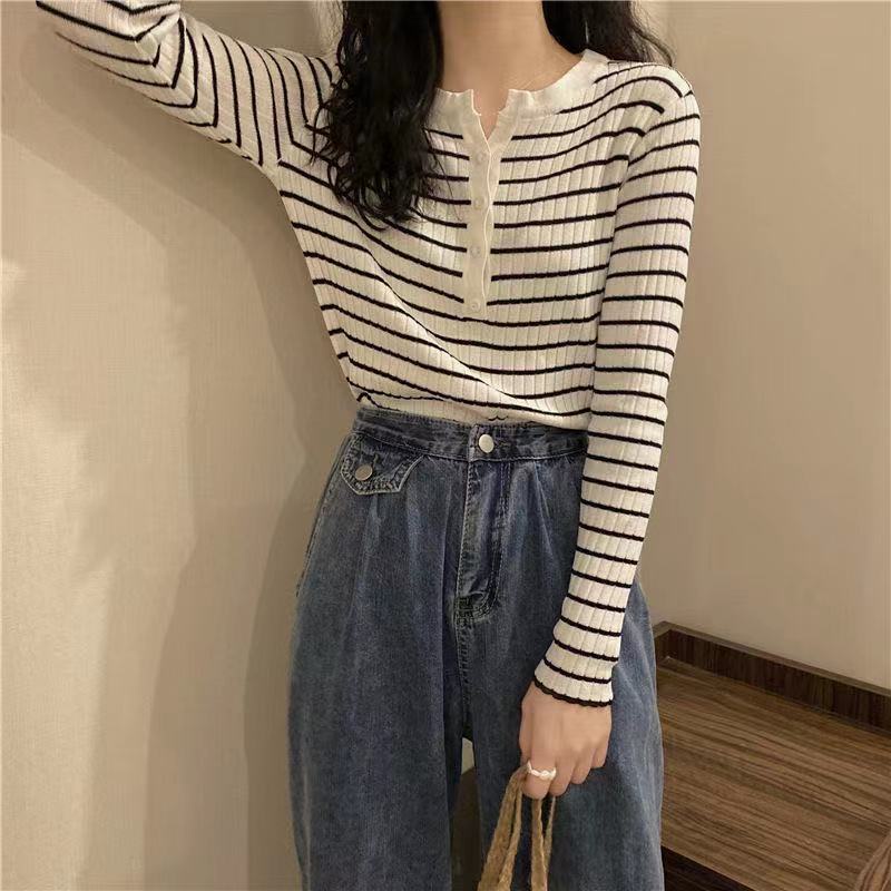 Áo Thun Dệt Kim Tay Dài Dáng Ôm Họa Tiết Kẻ Sọc Thời Trang Cho Nữ JH-CX-18