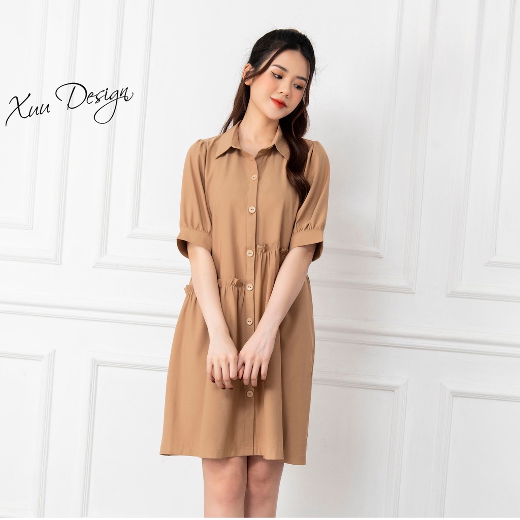 Váy suông phối bèo babydoll XUU cổ sơ mi, chất liệu tơ Xuu Design V02