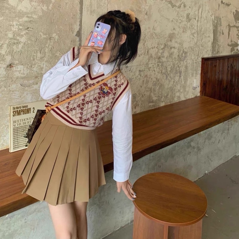 Áo Vest Ghi Lê Không Tay Form Ngăn Croptop Phối Len Thêu Tay Dày Dặn Xiaozhainv