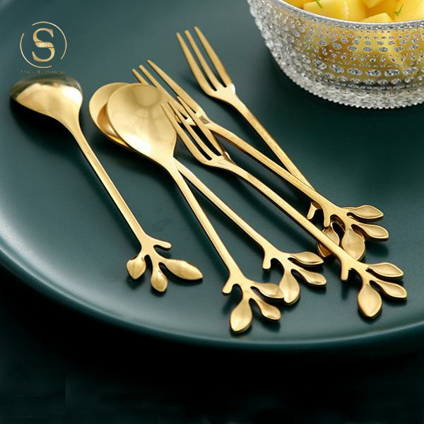 Muỗng Cafe Nĩa Trái Cây Inox Cao Cấp Vàng Gold Larmina Sang Trọng Inox Bền